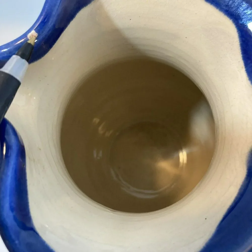 Ceramiques Signed Pantaleu Pitcher Vase Spain Glazed Cream Blue Beach‎ Scene